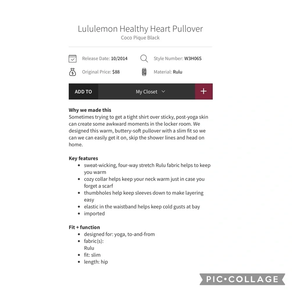 Lululemon Healthy Heart Pullover Coco Pique Black Size 6